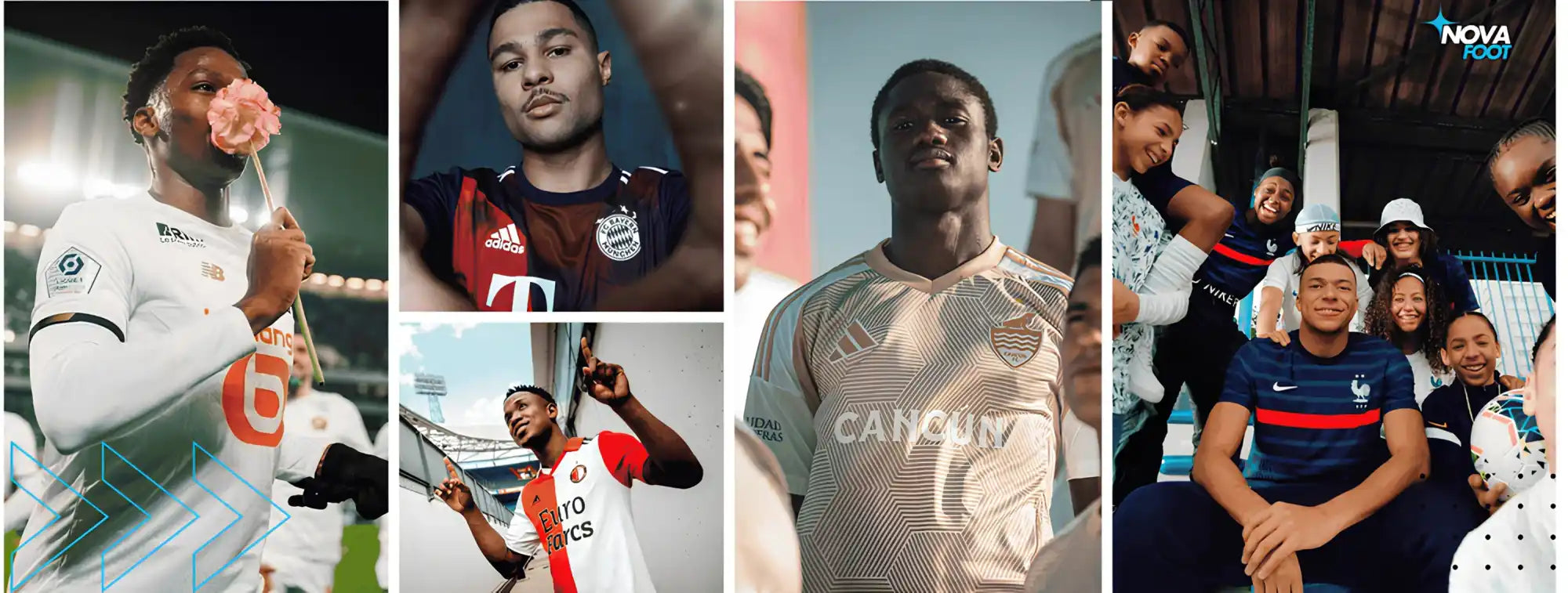 Un collage de joueurs de football professionnels portant divers maillots d'équipe.