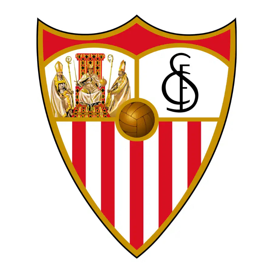 Une écusson en forme de bouclier avec une bordure rouge, représentant une image de trois figures religieuses, un ballon de football vintage, et les lettres entrelacées ’S’ et ’F’ au-dessus de rayures verticales rouges et blanches.